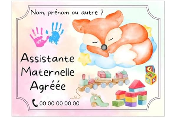 Plaque assistante maternelle agréée panneau de porte nounou pancarte nourrice modèle renard 15x20cm