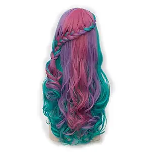 Turquoise Mix Purple Pink Green: Alacos Rainbow Color 25 Inches Braid Long Curly Gothic Lolita Harajuku Anime Cosplay Christmas Costume Wig For Women +Free Wig Cap (Turquoise Mix Purple Pink