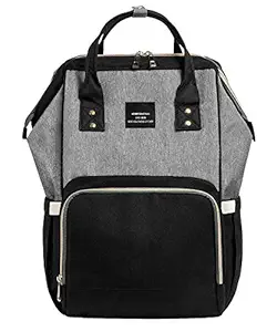 House of Quirk Baby Diaper Bag Maternity Backpack with Stroller Hooks + Attached Pouch (Black/Grey)