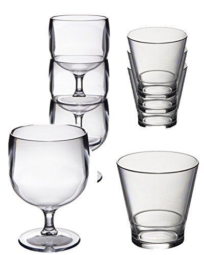 Conjunto especial de 12 Roltex plástico policarbonato, irrompible, gafas de apilamiento reutilizables. Apilamiento de 6 copas de vino, capacidad 220 ml y 6 vasos de jugo de whisky/apilamiento. Capacidad 250ml