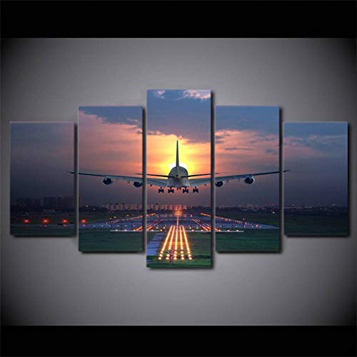 EXQART HD Imprimé 5 Pièces Toile Art Peinture Coucher du Soleil Avion Pelouse Aéroport Affiche Murale Photos décoration de la Maison 30x40 30x60 30x80cm