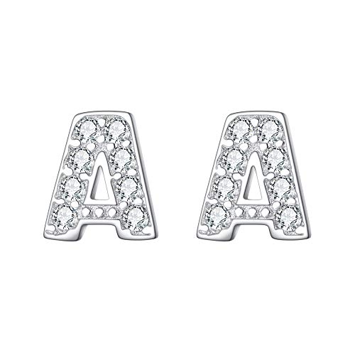 Flyonce Mujer Plata de ley 925 Pendientes Clavo Zirconia Serie de alfabeto Letra A Elegante para regalo novia boda fiesta noche