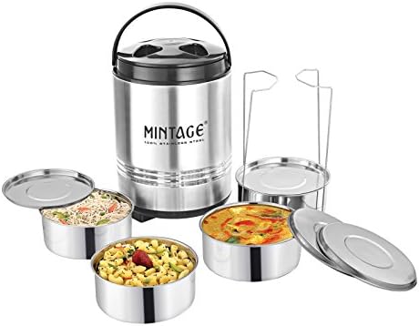 Mintage Traveling Tiffin Stainless Steel 4 Tier Food Container Round Lunch Box