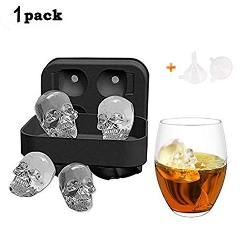 MIMINUO 3D Skull silicone cubetti di ghiaccio vassoio tondo, fa quattro teschi gigante, cubetti di ghiaccio in forme per whisky ghiaccio e cocktail (1Pack)