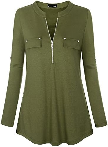 Miurus Work Blouses, Stylish XL Olive Green Half Sleeve Zip V Neck XL Green Tunic Blouses Chic Fake Pocket Fitted Flowy Henley Shirts Casual Blouses