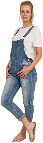Ladies Distressed Denim Dungarees - Stonewash Three-quarter Bib Overall Reg fit PETRA-XS-8