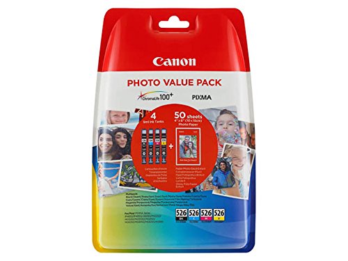 CANON CLI-526 Vorteilspack Blister 4x6 Foto Papier PP-201 50 Blatt + Cyan Magenta Gelb & Schwarz Tintentanks