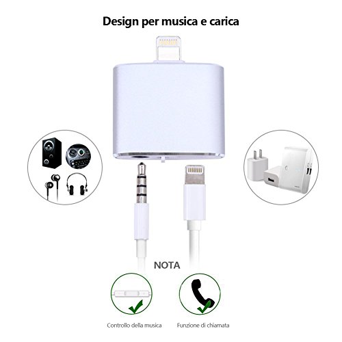 ATETION [ Supporting control music and call volume ] 2 in 1 Lightning to 3.5mm Aux Adapter for iPhone 7 / 7 Plus, Earphones Jack Cable Audio Adapter and Lightning to Charger (Silver)