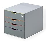 Abschließbare Schubladenbox mit vier Schubladen, davon zwei im XXL-Format. Mit transparenten Beschriftungsfenstern mit auswechselbaren Einsteck-Etiketten