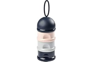 BÉABA Recipiente dosificador de leche en polvo, Dispensador de Leche Bebé, Apilable, 3 Compartimentos, 100% Hermética, Uso evolutivo como caja de snacks, Azul/Gris/Rosa