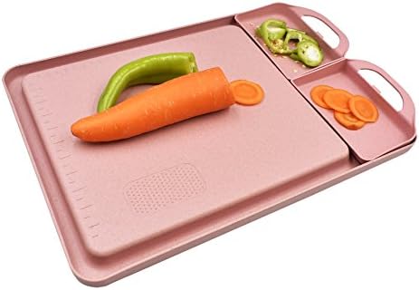 Kitchen Chopping Board with 2 Trays, Multifunctional Wheat Straw Cutting Board ECO Friendly for Vegetables, Meat, Fruit, Bread, Other Food by Kayear Pink