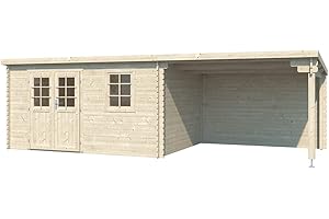 Woodtex Holz Gartenhaus Blockbohlenhaus CA2987 | Wandstärke 28 mm | Naturbelassen | Mit 3 m Anbau | BxTxH: 696 x 309 x 204 cm | Inkl. 1 Fenster | Doppeltür Mit Echtglas