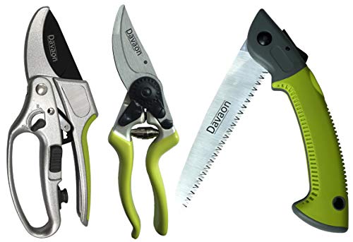 Davaon Pro Secateurs Set + Pruning Saw - 2 in 1 Ratchet Anvil + Ergonomic Bypass + Pruning Saw - Les