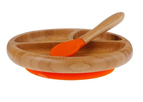 Baby Toddler Bamboo Spill Proof Stay Put Suction Divided Plates. No Plastic. BPA Fee & Eco-Friendly + BONUS E-BOOK. Great baby gift set & for Boating (Orange)