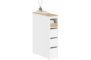 ‎SOBUY SoBuy Badezimmerschrank mit Rollen, 20 cm Schmaler Nischenschrank mit 3 Schubladen, Kompakte Badregal aus Holz, Beweglicher toilettenschrank für kleine WC en Küche, Weiß, 60x20x82,3cm, BZR54-K-W