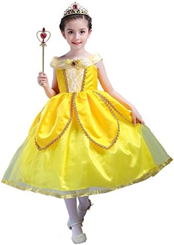 Flower Girls Dress Children Tulle Chiffon Wedding Birthday Party Kids Bridesmaid Princess Christmas Halloween Crown Wand Mask . Yellow . 100Cm