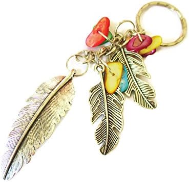 Silver tone feather key-ring with coloured chips and gift bag
