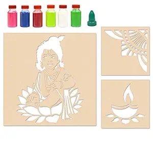 Incredible Gifts India Krishna with Corner Rangoli Stencil Combo with Six Rangoli Colors (Wood, 30 cmx30cm)