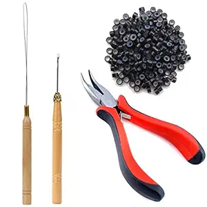 Naira Hair Extension Kit Pliers Pulling Hook Bead Device Tool Kits and 200PCS Black Silicone Lined Micro Rings (BLACK)