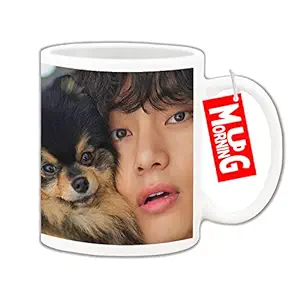 Mug Morning BTS V Mugs | BTS V Products for Girls | BTS V Cups | BTS V Coffee Mug for Girls | BTS V Ceramic 325ml Mug with Pet Dog (White)