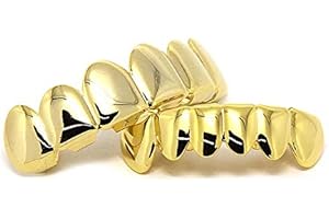 Shop-Story - Ensemble de Dents Style Hip Hop Grillz - Partie Haute et Partie Basse - Dentier Taille Universelle - Mise en Place Facile - Doré