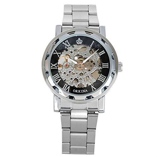 GuTe - Orologio da polso, in stile steampunk, colore: argento e nero, da uomo, con scheletro del movimento meccanico