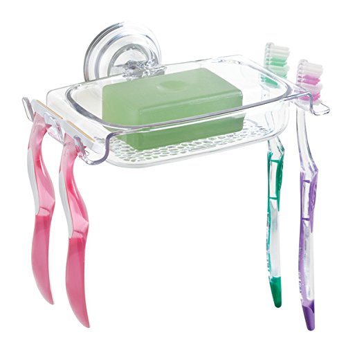 mDesign Duschablage Kunststoff – Stabiler Seifenhalter mit starkem Haftungssystem – Kombi-Duschkorb mit zusätzlichen Zahnbürstenhalter – Farbe: Transparent