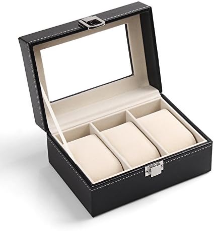 BonAchat High Quality Watch Box Large 3 Grids Mens Black PU Leather Display Glass Top Jewelry Case Organizer Gift Box