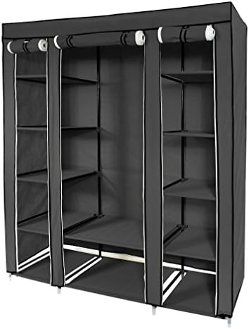 Kendan Ashland Black - Triple Fabric Canvas Wardrobe Closet Storage Shelves Organiser Cupboard Hanging Rail with Free Coat Hangers