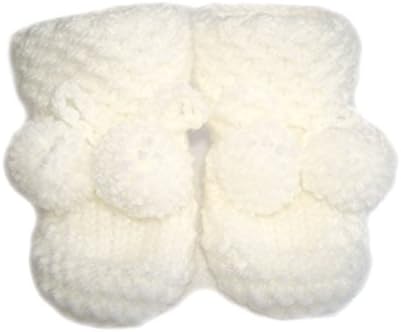 White Hand knitted DK Baby Booties in Honeycomb Pattern With PomPom Ties - Newborn 0-3 months