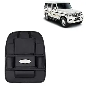 RD Universal PU Leather Car Auto Seat Back Organizer Multi Pocket Travel Storage Bag with Hangers, Tissue Paper and Bottle Holder-Black Colour Compatible for Mahindra Bolero