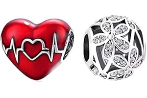 Mar's Designs - 2 Charms Pandora Style un Corazón Rojo y una Bolita con Flores | Regalos originales San Valentin | Colgantes mujer | Compatibles Pulsera Pandora Charm Plata de Ley | Regalos para novia