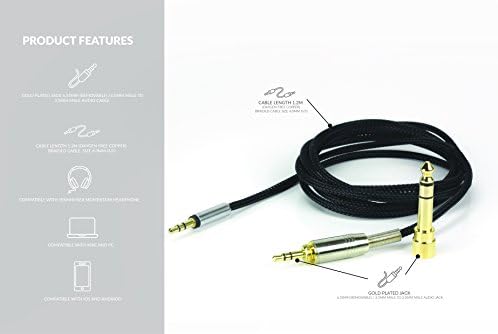 AGS Retail Ltd Compatible Audio Cable Replacement for Skullcandy Hesh 2.0 On-Ear – 1.2m, Headphone Lead with 6.35mm Male/3.5mm Male to 3.5mm Male Connectors, Braided Design| Audio Accessories