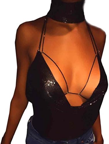 Vest Women, TUDUZ Newest Fashion Women Sexy V-Neck Halter Backless Chain Sequined Tank Vest Shirts Tops (Black, One Size)