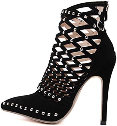 Roman Sandals Summer Rivets Studded Cut Out Caged Ankle Boots Stiletto High Heel Women Sexy Shoes Party Bootie , black , 37