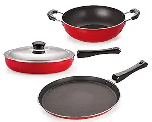 HOMEST Non-Stick Scratch Resistance Aluminum Kitchenware Set (Fry PAN, KADHAI, DOSA TAWA , Red )