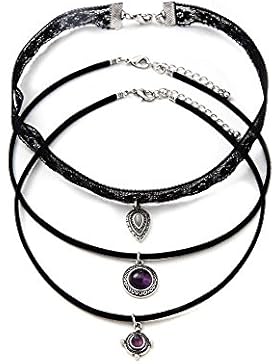 Trendsme 3 in 1 schwarzer Kuhleder-Choker-purpurroter Edelstein-hängender Spitze-Halsketten-Anhänger Retro- Hippie