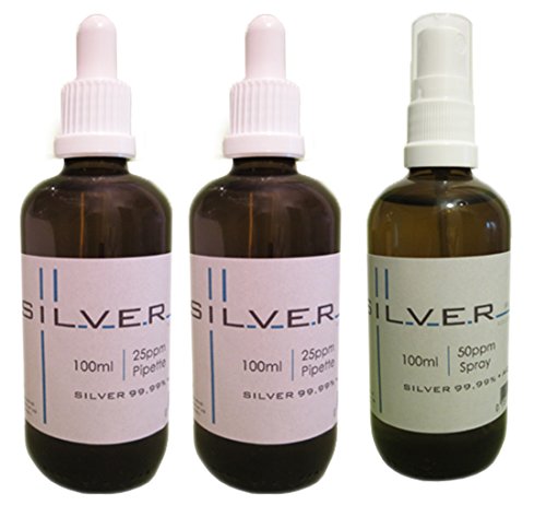 Preisvergleich Produktbild Kolloidales Silber 2x 100ml / 25ppm Pipettenflasche + 100ml / 50ppm Sprühflasche