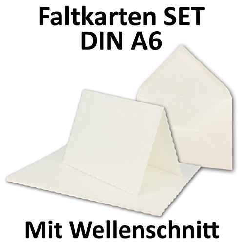 DIN A6 Faltkarten-Sets mit DIN C6 Briefumschlägen | Wellenschnitt- Naturweiß | 25 Sets | Einladungskarten - Menükarten - Blanko | 10,5 x 14,8 cm | mit gewelltem Rand | Umschläge mit Nassklebung | Printable für Drucker geeignet | PREMIUM Papier aus dem Hause GUSTAV NEUSER
