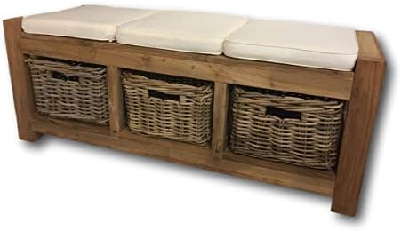 Rustic Hallway Storage Bench with 3 Wicker Drawers - 3 Seater Indoor Wooden Bench