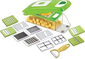 Shoppable Multi-Purpose Plastic Vegetable and Fruits Grater, Chipser Chopper, Slicer, Cutter and Dicer with 10 Stainless Steel Blades and 1 Peeler Vegetable & Fruit Chopper- Green
