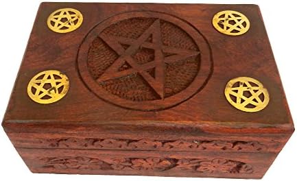 The Online Bazaar Five Pentagram Wooden Box with Engraved Pentagram Within a Circle and Four Brass Pentagrams