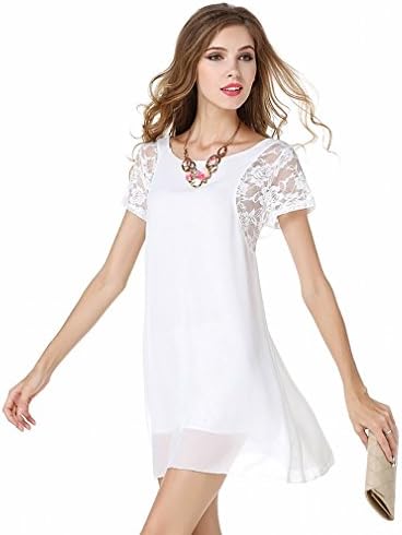 Round Neck Dress Short Sleeve in the Waist Long a Word Skirt Stitching Short Sleeve Lace Chiffon Dress Female,White,XXL