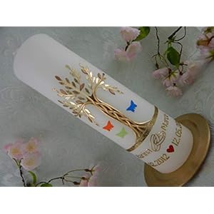 Hochzeitskerze Traukerze Lebensbaum gold Schmetterlinge bunt 250/70 mm inkl. Beschriftung