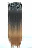 22" Full Head Clip in Hair Extensions Ombre Straight Dip Dye 6 Pcs Natural black to dark blonde