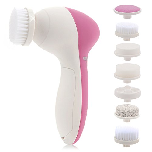 Pixnor P2016 Portable 7-in-1 Facial Brush Cleansing System Massager Face Cleanser Brush with 7 Brush Heads (Rosy)