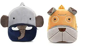 Blue Tree Kids School Bag Combo Soft Plush Backpack Cartoon Bags Mini Travel Bag for Children Girls Boys (Monkey & Sherpi Dog)