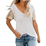 NPRADLA 2019 Frühling Sommer Shirt Damen V-Ausschnitt Kurzarm Stehkragen T-Shirt Beiläufige Bluse Top(Weiß,M/36)