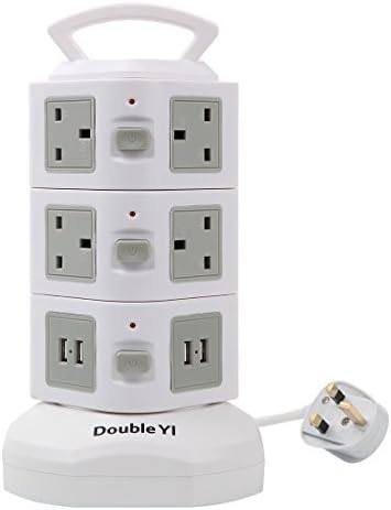 DoubleYI Extension Lead 10 Outlets 4 USB Socket Vertical Power Strip Surge Protector with Retractable 3m/9.8Ft Power Extension Cord