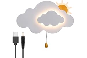 HKLY Applique Murale Nuage Interieur Chambre Enfant avec Interrupteur, Lampe USB Rechargeable de Chevet Sans fil Metal 5000 mAh Batterie Veilleuse,3000L-6000K (White)